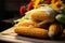 Wooden table adorned with autumns harvest corn creates a rustic still life