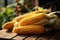 Wooden table adorned with autumns harvest corn creates a rustic still life