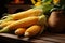 Wooden table adorned with autumns harvest corn creates a rustic still life