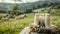 A wooden table adorned with bottles with fresh milk. In the background, a picturesque grassland, accompanied by a herd of dairy