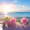 Wooden table adorned with pink roses, set against beach vista