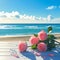 Wooden table adorned with pink roses, set against beach vista