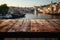 A Wooden Table Against Backdrop Of Bustling Harbor Blank Surface