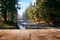 Wooden table against the background of forest with mountain stre