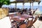 Wooden table on beach terrace for seafood oysters tasting on l`herbe village in Cap Ferret at bay Arcachon basin France