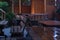 Wooden table in the beer bar after the rain