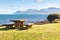 Wooden table and benches in resting area