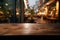 A wooden table with a blurred coffee shop backdrop for promotions