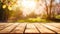 Wooden table. Blurred nature garden spring background