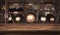 Wooden table on blurry background of wine barrels and bottles