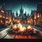 Wooden table with candles in front of medieval Town Square in Christmas night Gothic castle