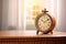 wooden table clock with roman numerals in a clean well-lit room