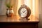 wooden table clock with roman numerals in a clean well-lit room