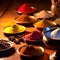 Wooden table of colorful spices