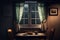 Wooden table on a curtain backed window in a dark room