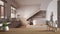 Wooden table, desk or shelf with potted grass plant, house keys and 3D letters home sweet home, modern bathroom with staircase,