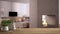 Wooden table, desk or shelf with potted grass plant, house keys and 3D letters home sweet home, over cosy living room, fireplace,