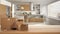 Wooden table, desk or shelf with stack of cardboard boxes over blurred view of minimalist kitchen with island, modern interior
