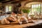 A wooden table displaying an array of delicious loafs of bread, Cozy country kitchen with fresh bread cooling on a wooden