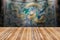 Wooden table with dragon statue wall blurred background