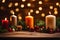 a wooden table, exquisitely adorned with an array of candles and festive Christmas decorations.