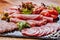 Wooden table filled with delicious cold meat selection. A plate with a variety of sausages with green vegetables green lettuce,