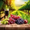 Wooden table with fresh red grapes and free space on nature blurred vineyard Generated