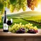 Wooden table with fresh white grapes and free space on nature blurred vineyard Generated