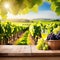 Wooden table with fresh white grapes and free space on nature blurred vineyard Generated