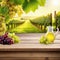 Wooden table with fresh white grapes and free space on nature blurred vineyard Generated