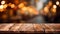 wooden table in front of abstract blurred restaurant lights background