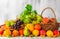 Wooden table full fresh fruit baskets