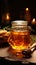 On wooden table, glass jar holds liquid gold a pot of sweet honey