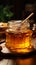 On wooden table, glass jar holds liquid gold a pot of sweet honey