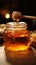 On wooden table, glass jar holds liquid gold a pot of sweet honey