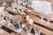 Wooden table with glassware arranged for picnic