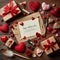 Wooden Table Hosts Valentine Day Essentials - Paper Card, Gift Box, Red Hearts. Generative ai for illustrations