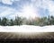 Wooden table looking out to a snowy tree landscape