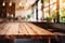 Wooden table in modern kitchen closeup space for selective focus text. mock up