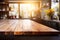 Wooden table in modern kitchen closeup space for selective focus text. mock up