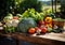 Wooden table with the most varied fresh vegetables, in the field. Healthy food concept. AI generated