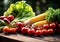 Wooden table with the most varied fresh vegetables, in the field. Healthy food concept. AI generated