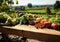 Wooden table with the most varied fresh vegetables, in the field. Healthy food concept. AI generated