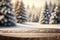 Wooden table outdoor with blurred winter forrest background. Flawless