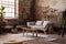 Wooden table on rug in front of beige settee in bright loft interior with window and plant