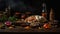 Wooden table, rustic bowl, cooked meat, fresh vegetables, homemade meal generated by AI