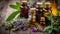 A wooden table with several bottles of oil and dried herbs