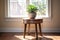 a wooden table with a single potted succulent in bright, natural light