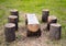 Wooden table and stools made from tree logs