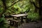 a wooden table surrounded by lush greenery, with a stream in the background
